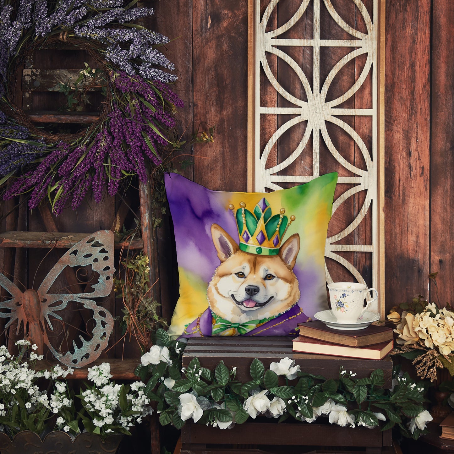 Akita King of Mardi Gras Throw Pillow