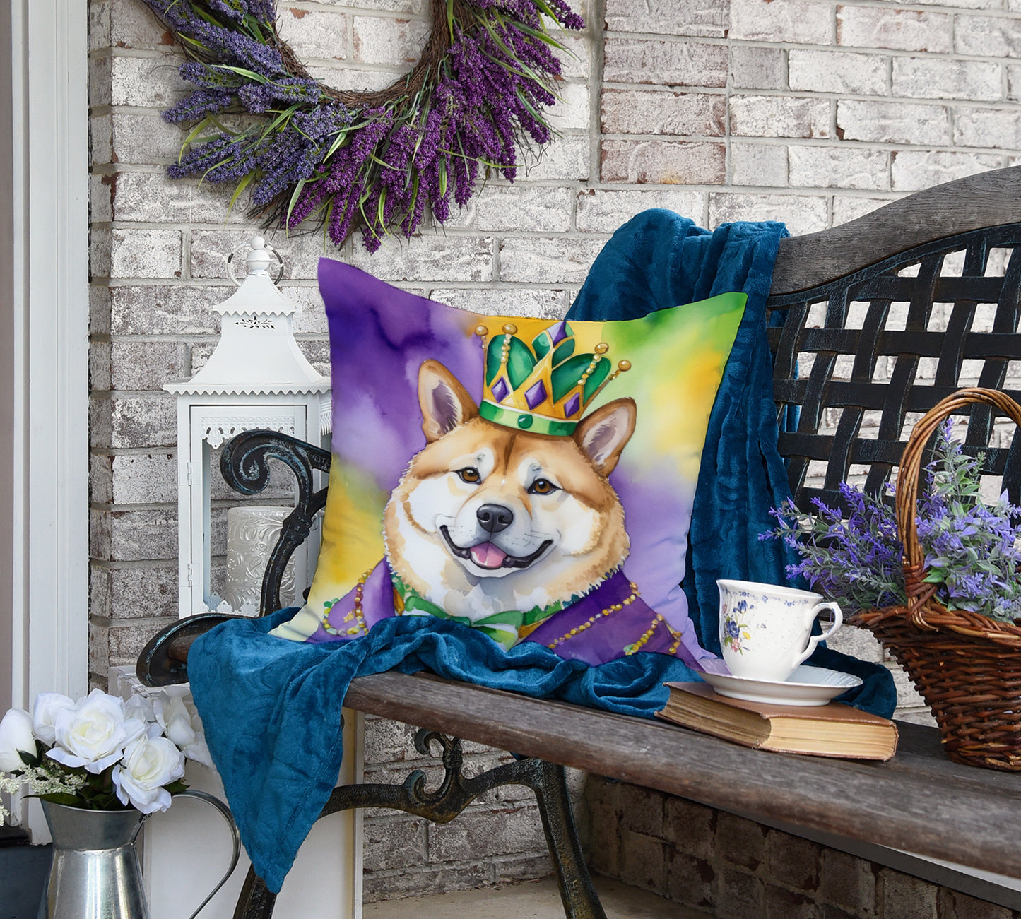 Akita King of Mardi Gras Throw Pillow