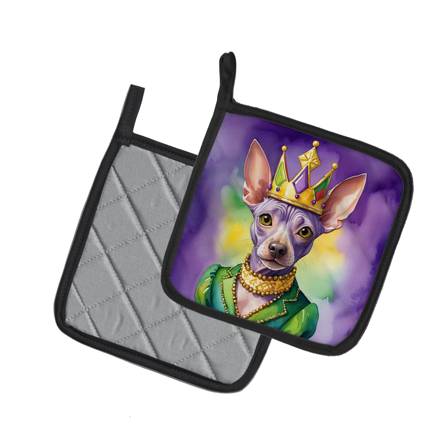 American Hairless Terrier King of Mardi Gras Pair of Pot Holders