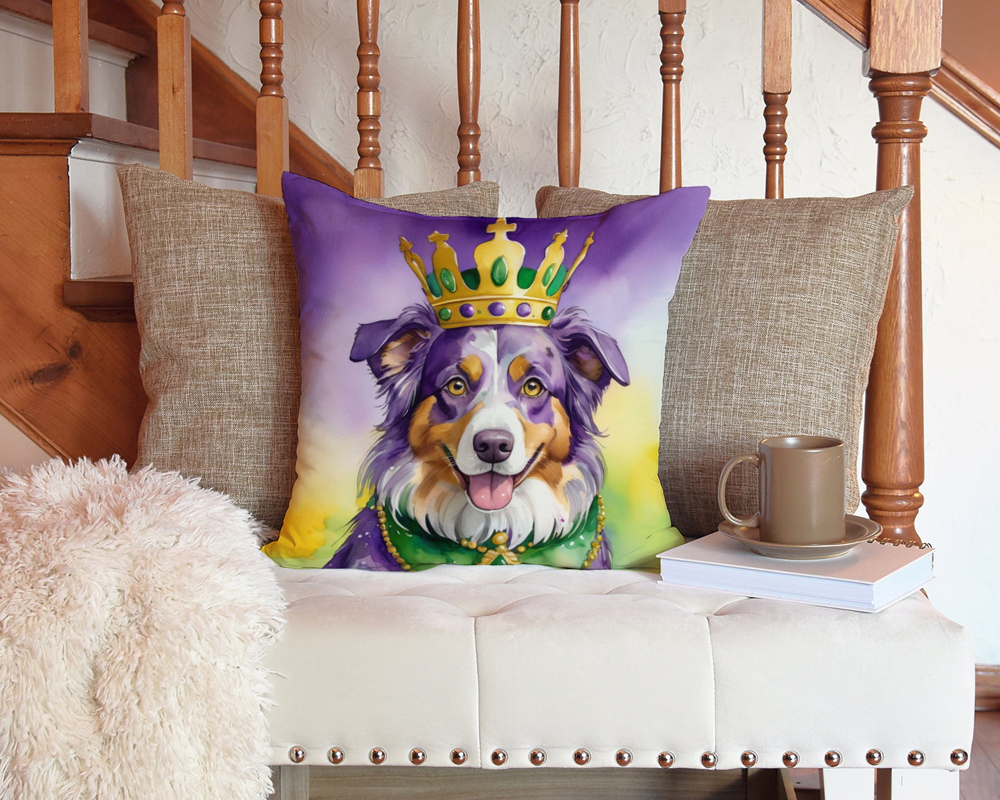 Australian Shepherd King of Mardi Gras Throw Pillow