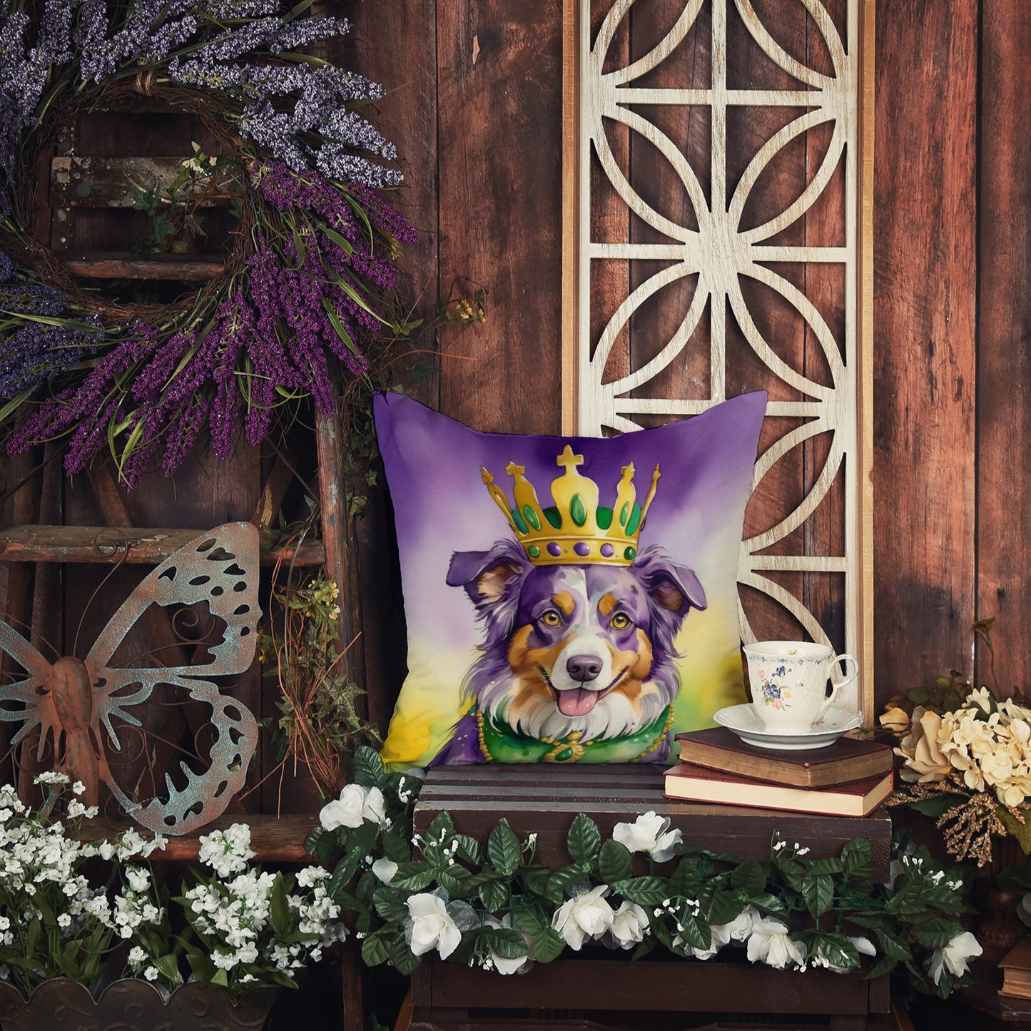 Australian Shepherd King of Mardi Gras Throw Pillow