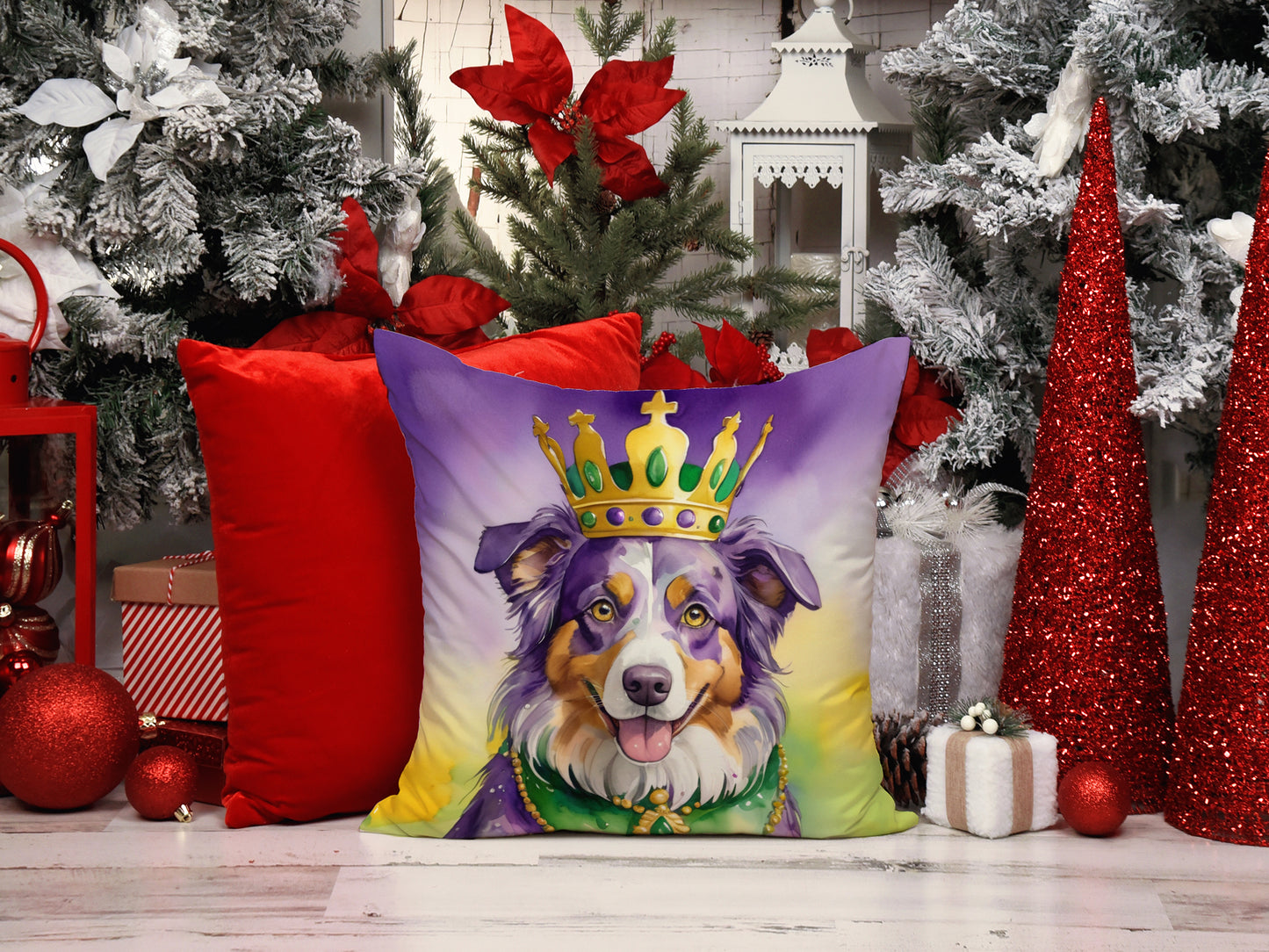 Australian Shepherd King of Mardi Gras Throw Pillow