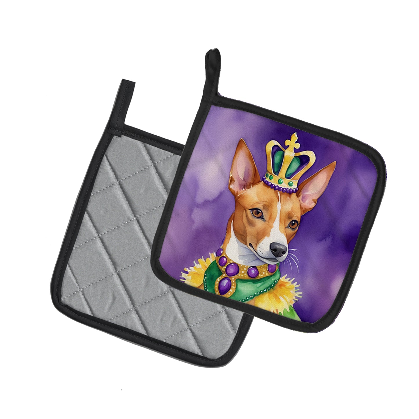 Basenji King of Mardi Gras Pair of Pot Holders