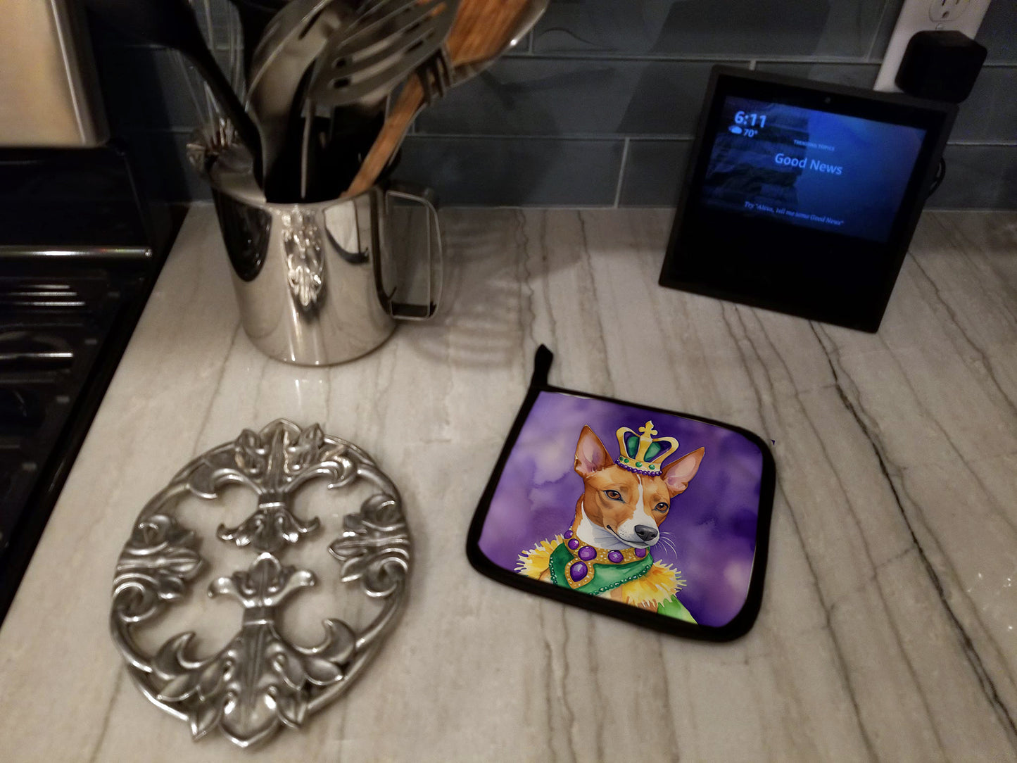 Basenji King of Mardi Gras Pair of Pot Holders