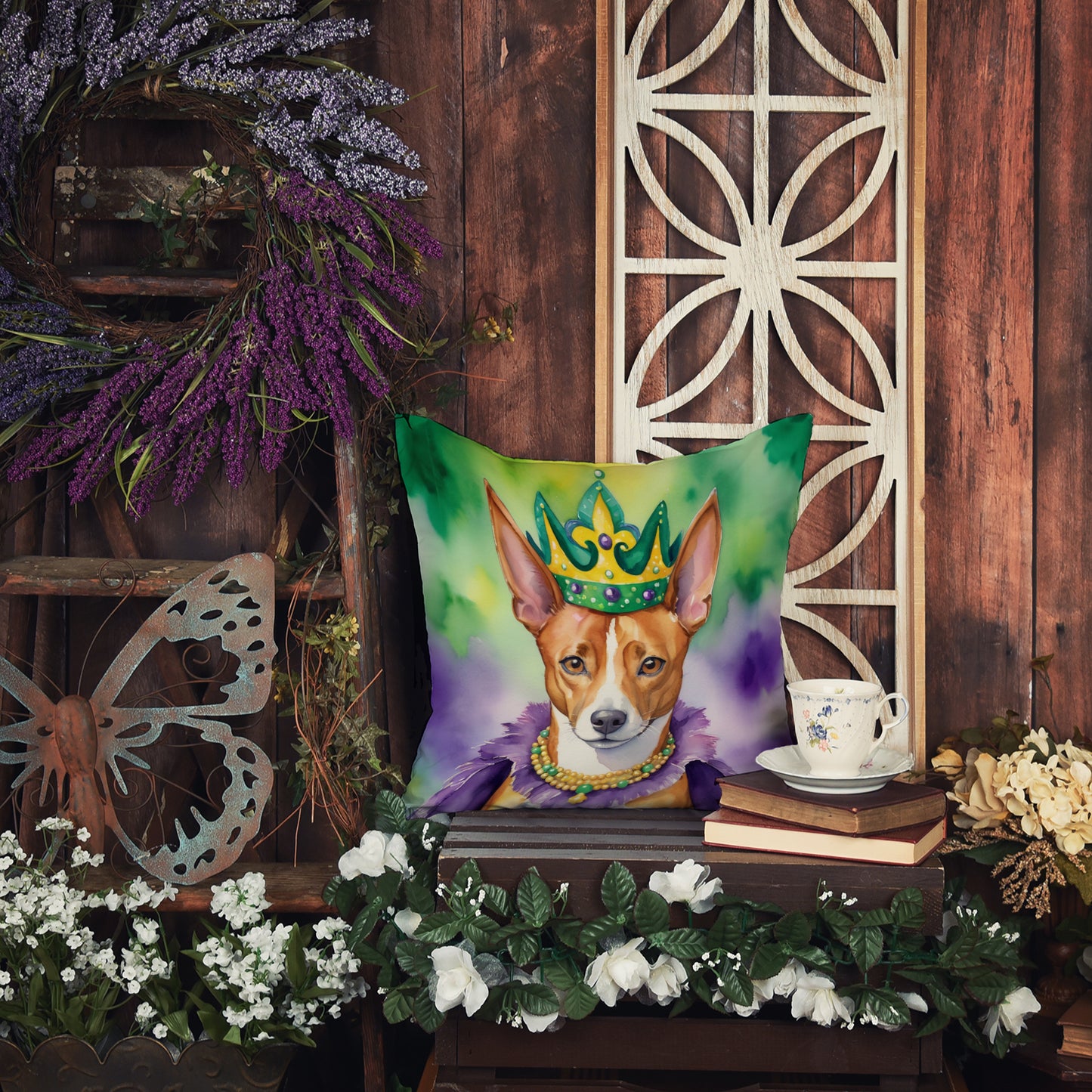 Basenji King of Mardi Gras Throw Pillow