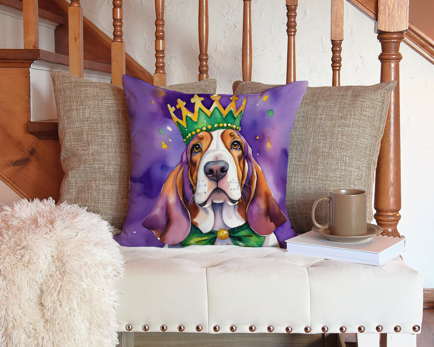 Basset Hound King of Mardi Gras Throw Pillow