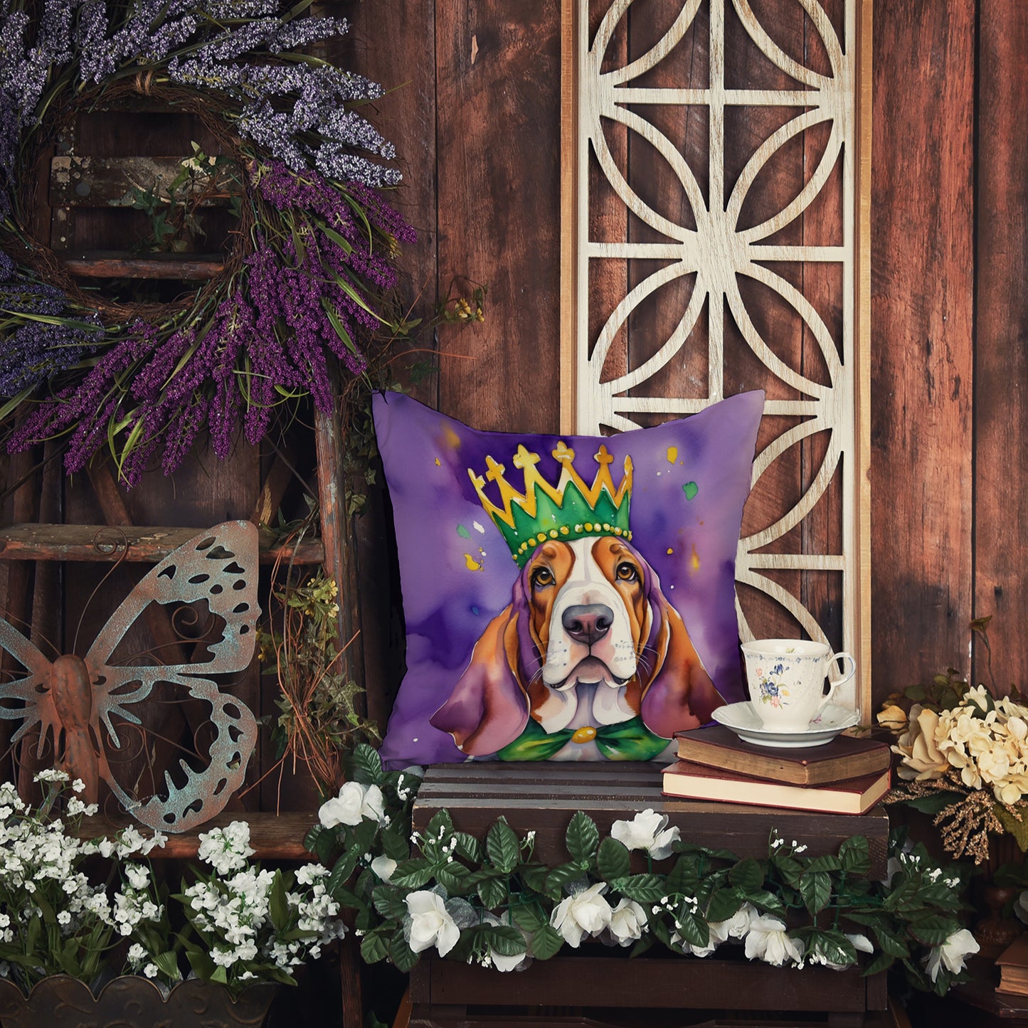 Basset Hound King of Mardi Gras Throw Pillow