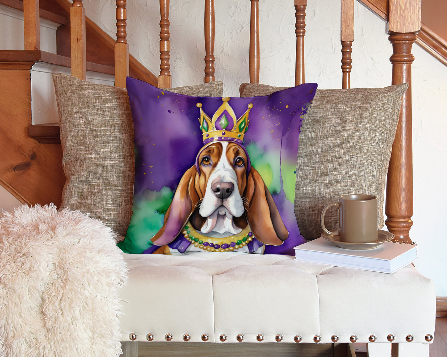 Basset Hound King of Mardi Gras Throw Pillow
