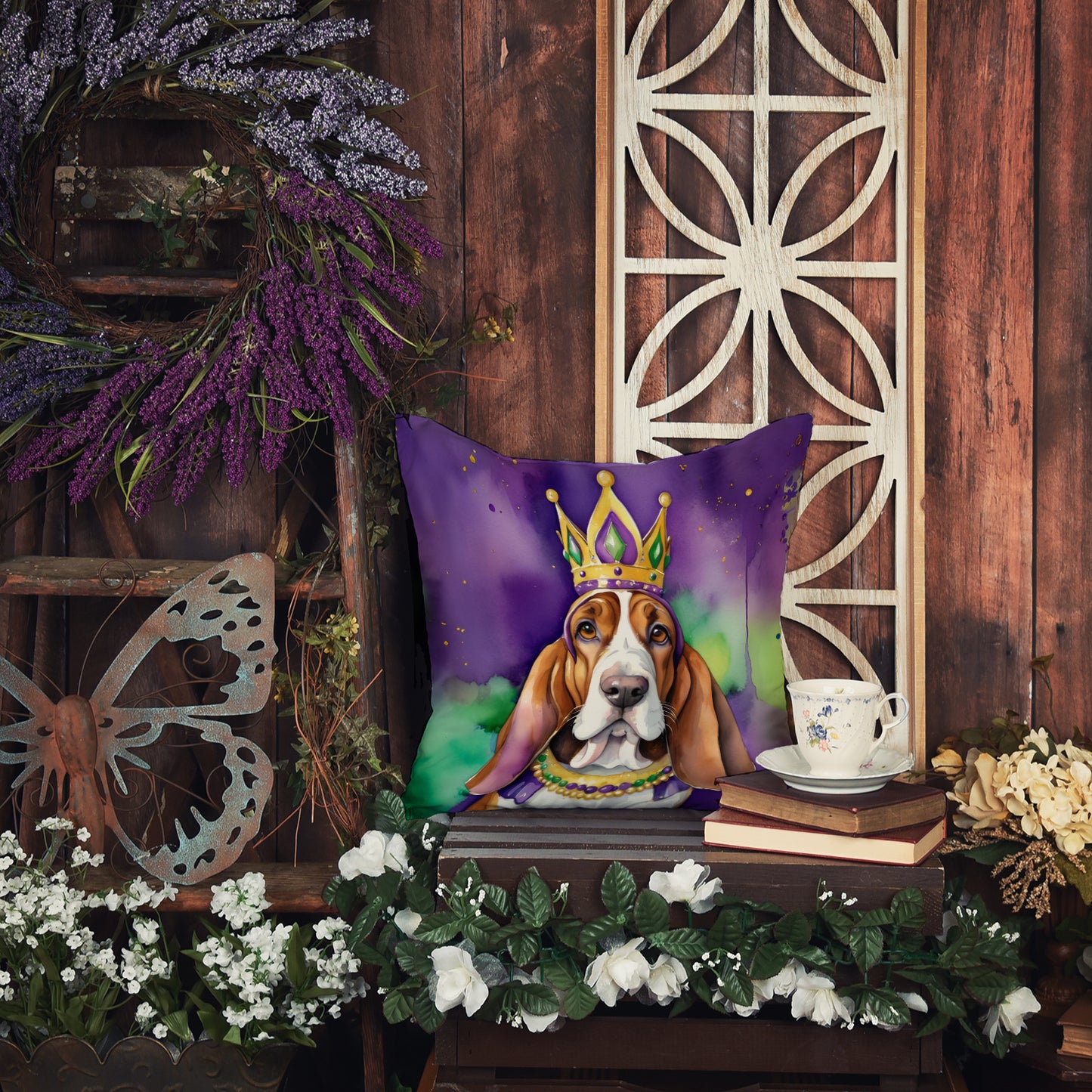 Basset Hound King of Mardi Gras Throw Pillow