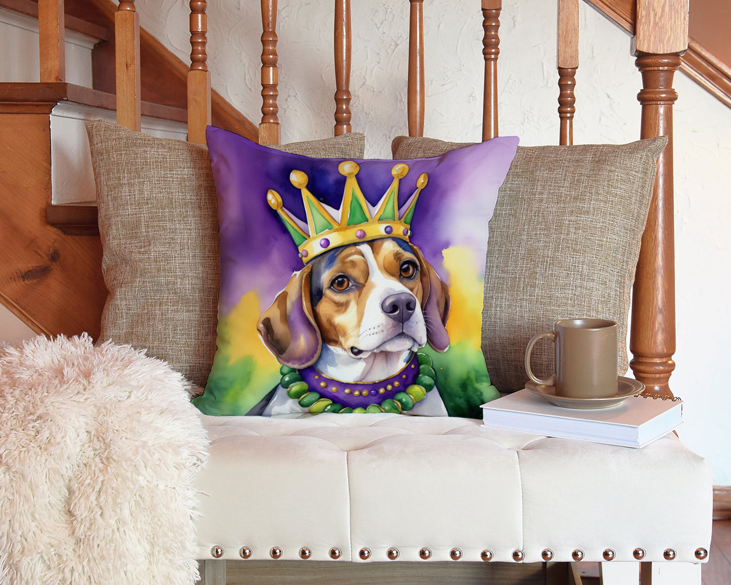 Beagle King of Mardi Gras Throw Pillow