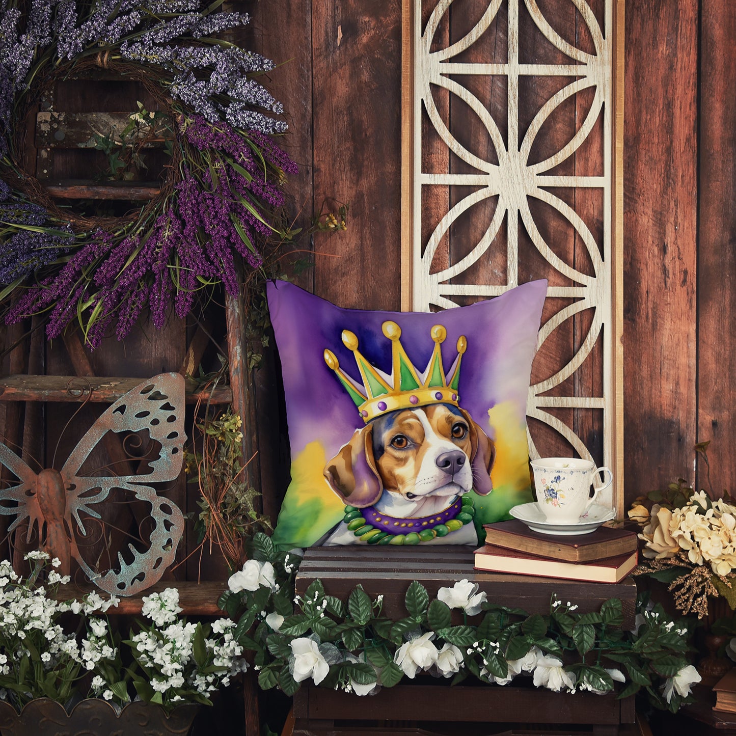 Beagle King of Mardi Gras Throw Pillow