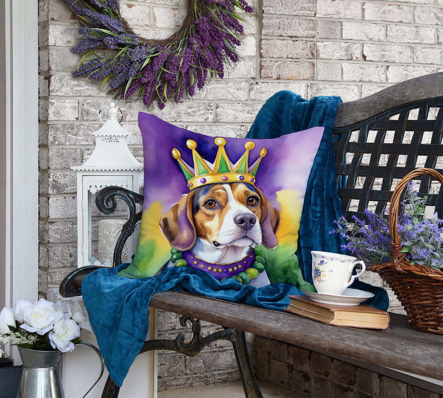 Beagle King of Mardi Gras Throw Pillow