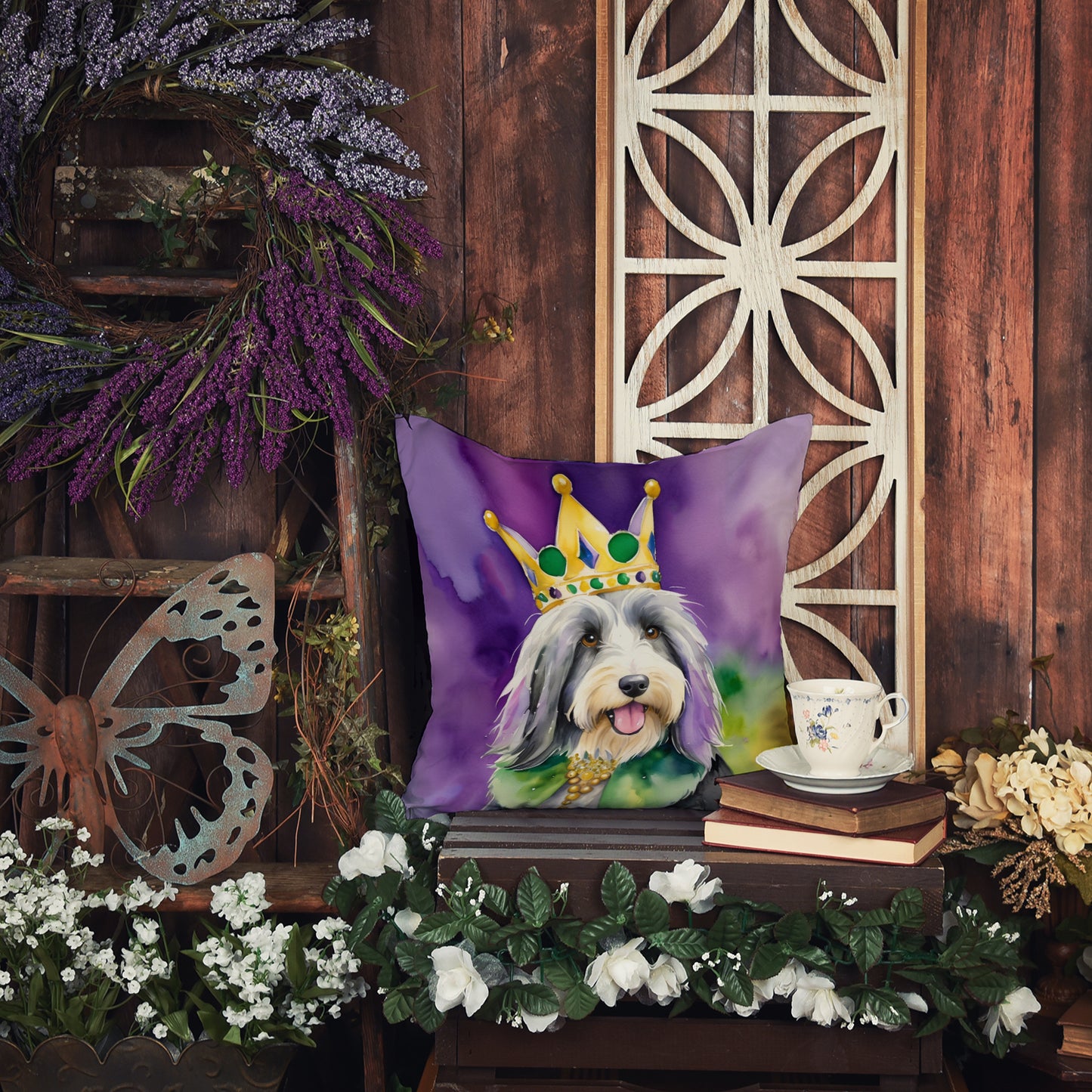 Bearded Collie King of Mardi Gras Throw Pillow