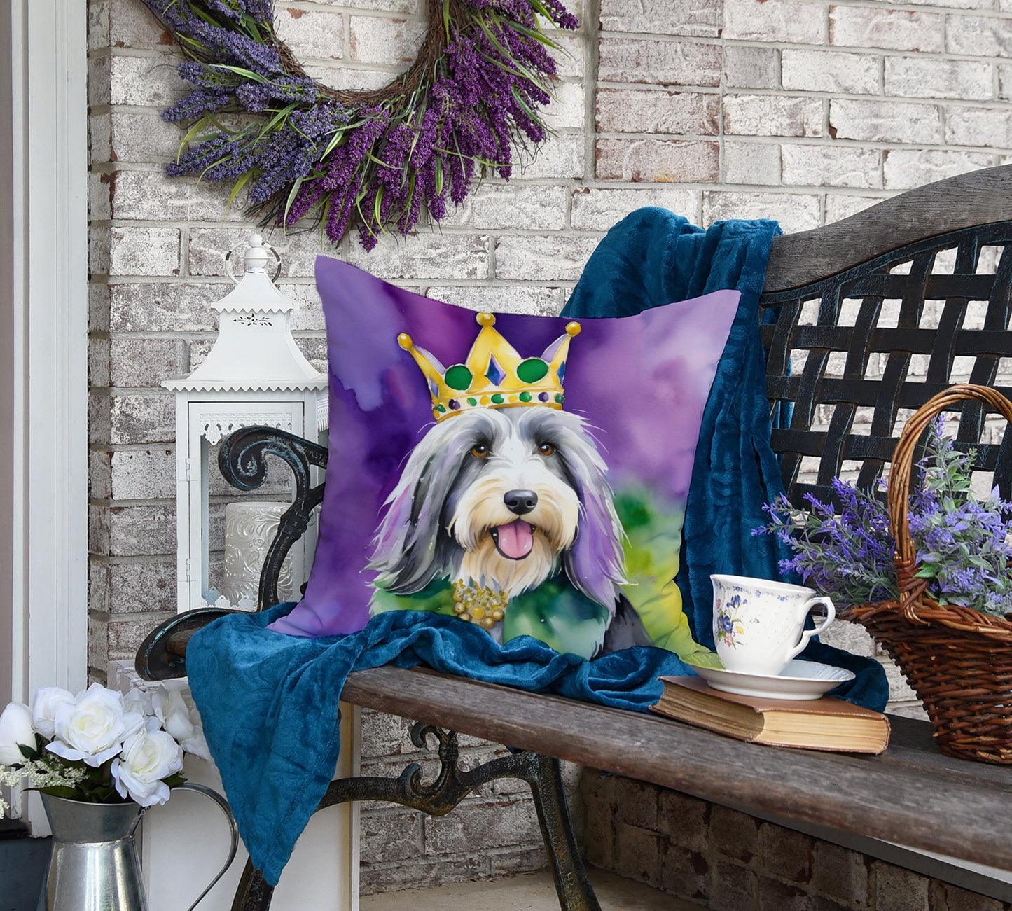 Bearded Collie King of Mardi Gras Throw Pillow