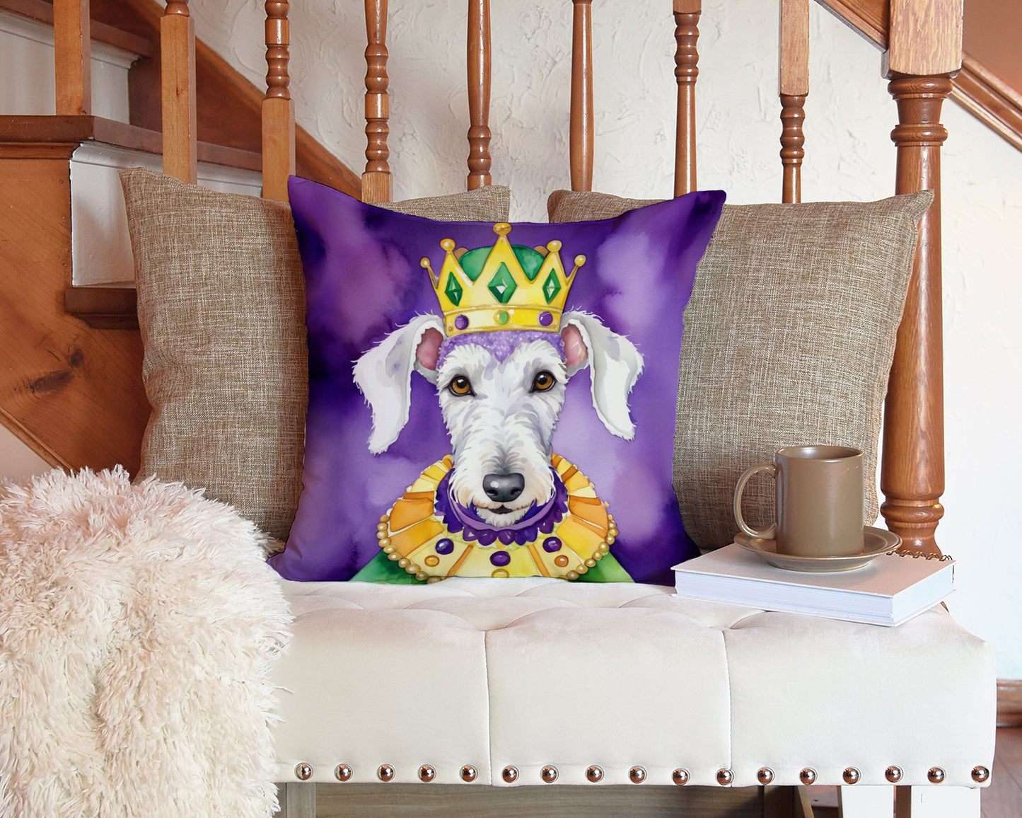 Bedlington Terrier King of Mardi Gras Throw Pillow