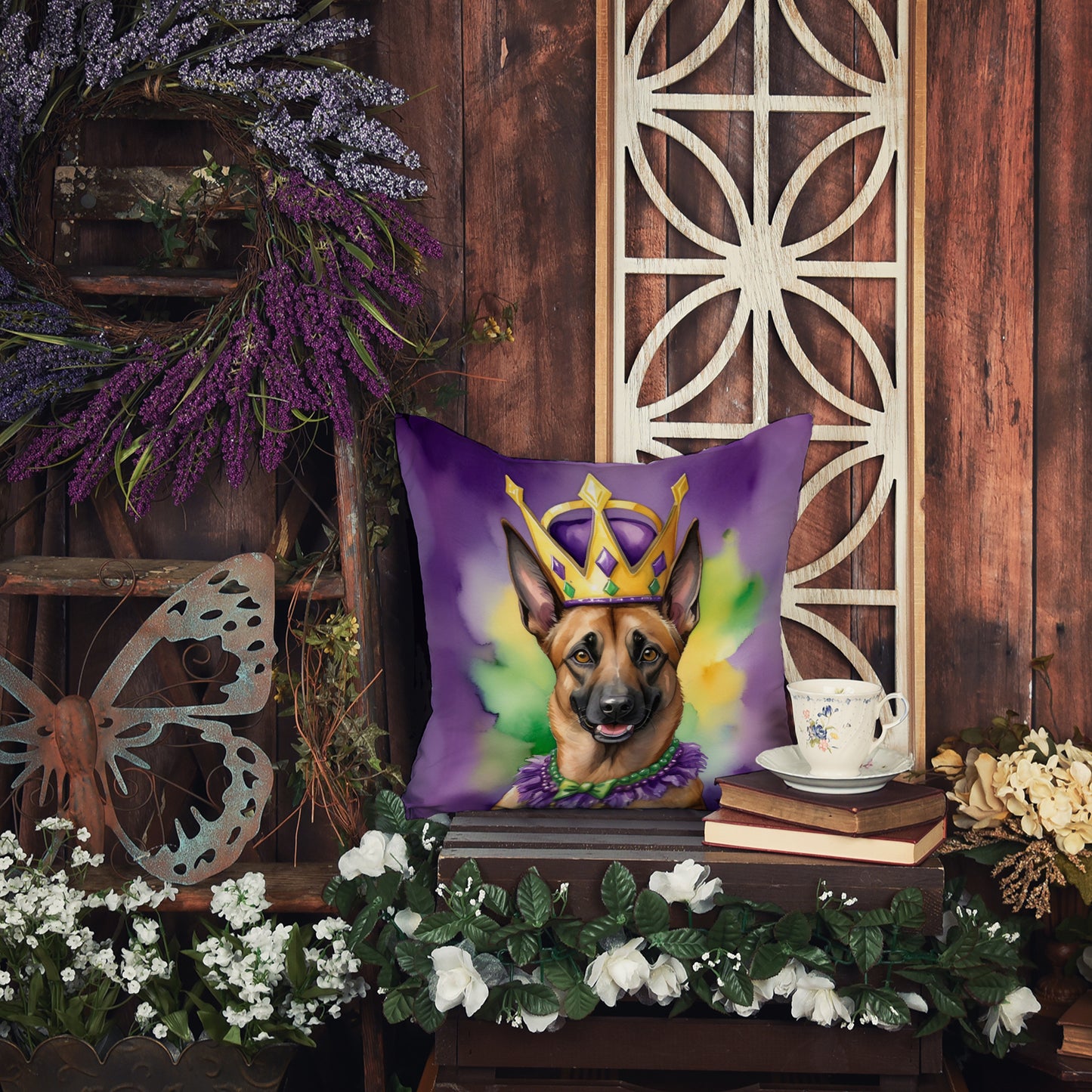 Belgian Malinois King of Mardi Gras Throw Pillow