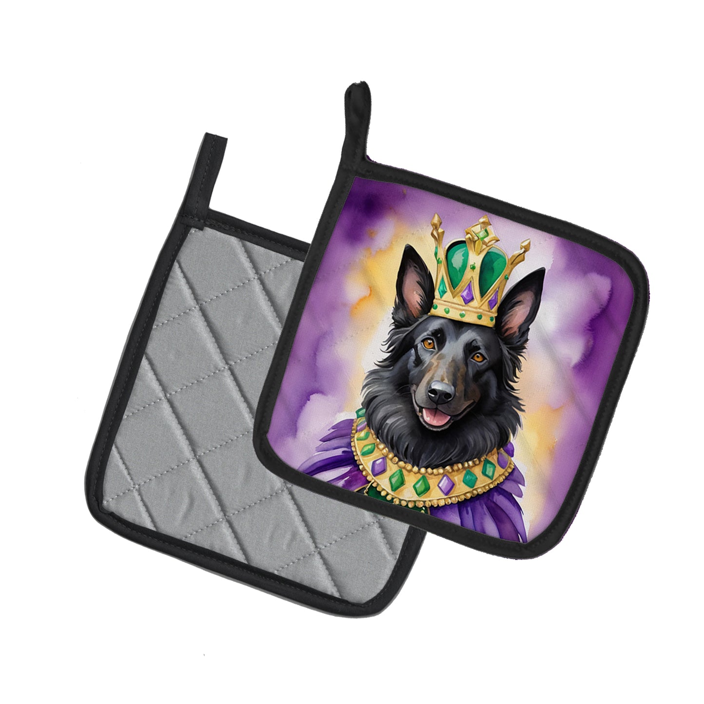 Belgian Sheepdog King of Mardi Gras Pair of Pot Holders