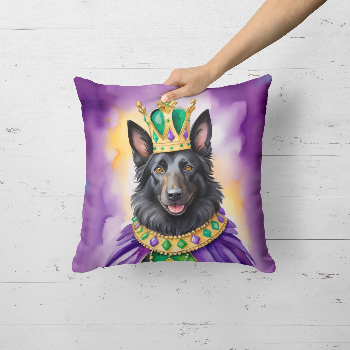 Belgian Sheepdog King of Mardi Gras Throw Pillow