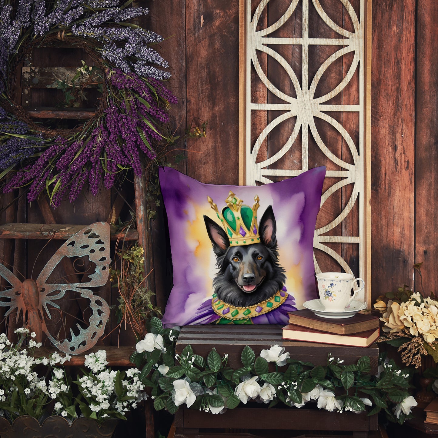 Belgian Sheepdog King of Mardi Gras Throw Pillow