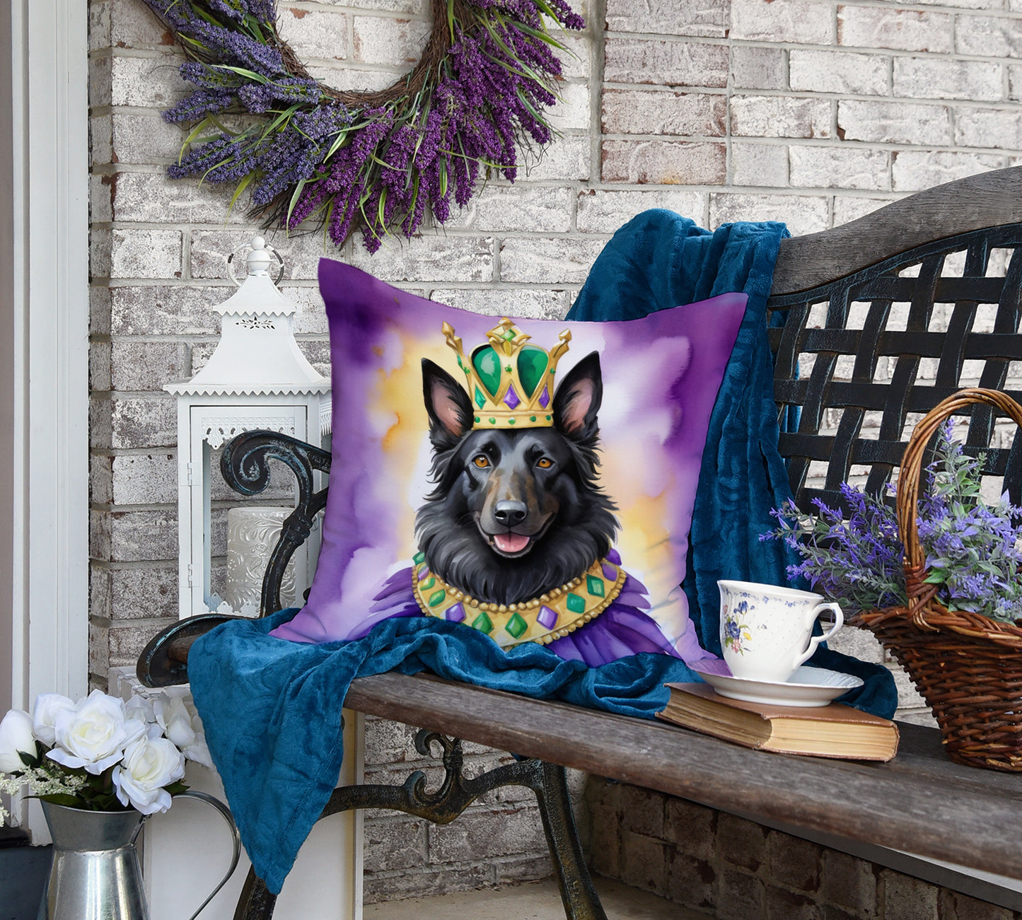 Belgian Sheepdog King of Mardi Gras Throw Pillow