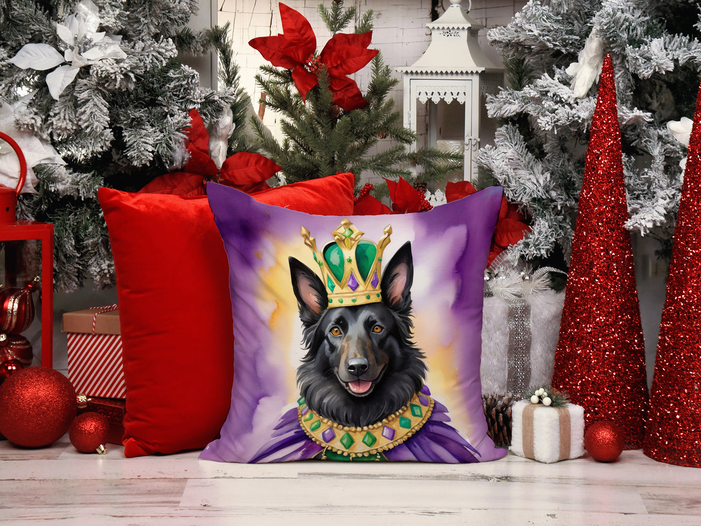 Belgian Sheepdog King of Mardi Gras Throw Pillow