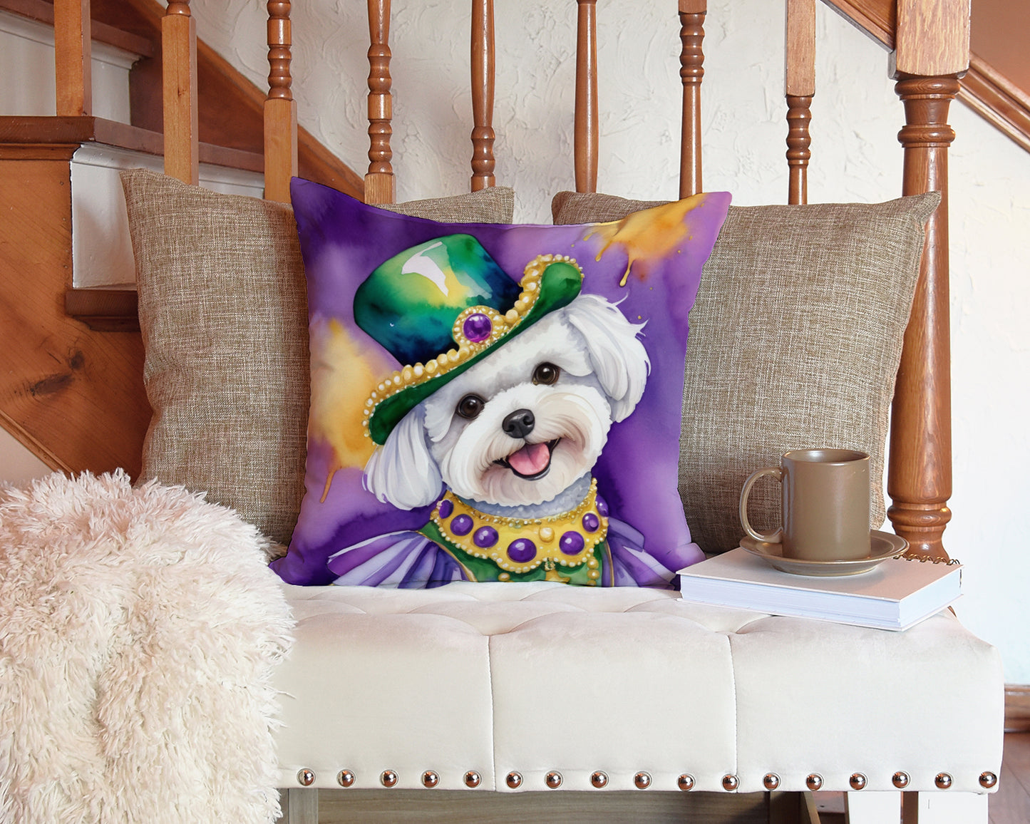 Bichon Frise King of Mardi Gras Throw Pillow