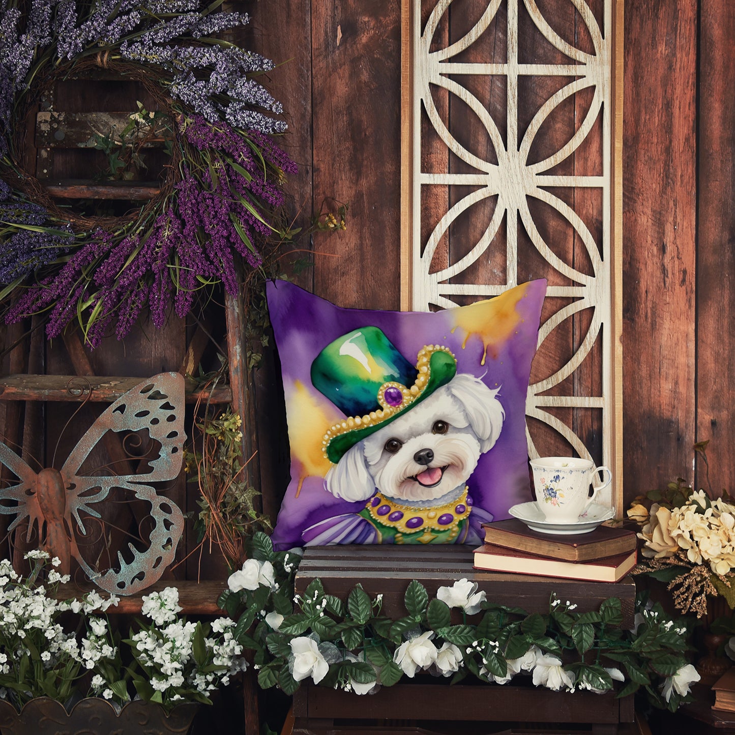 Bichon Frise King of Mardi Gras Throw Pillow