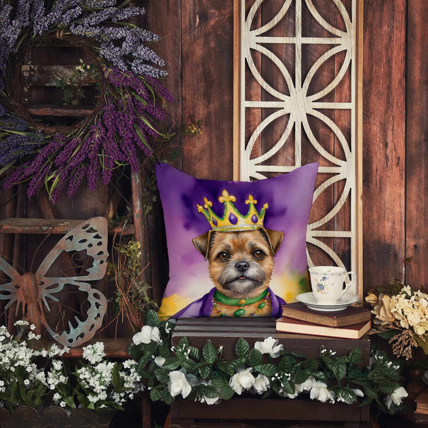 Border Terrier King of Mardi Gras Throw Pillow