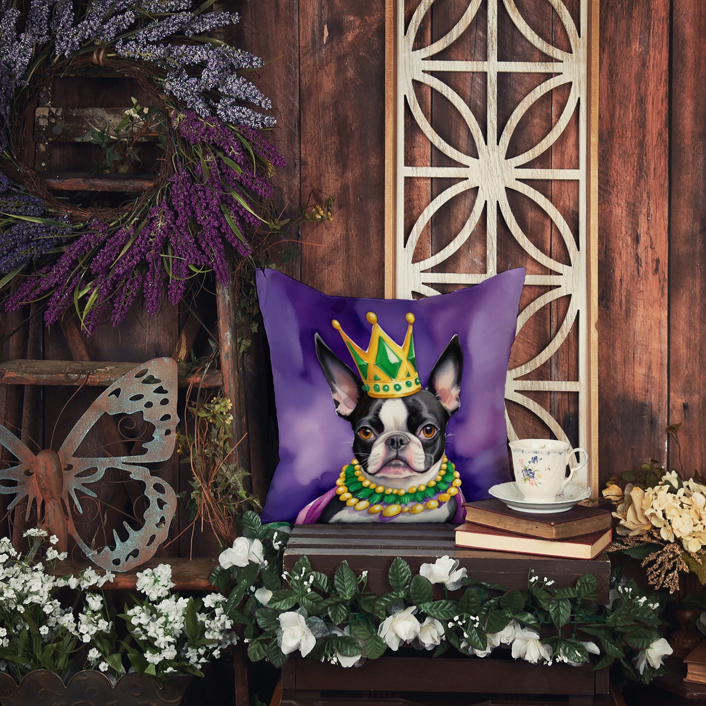 Boston Terrier King of Mardi Gras Throw Pillow