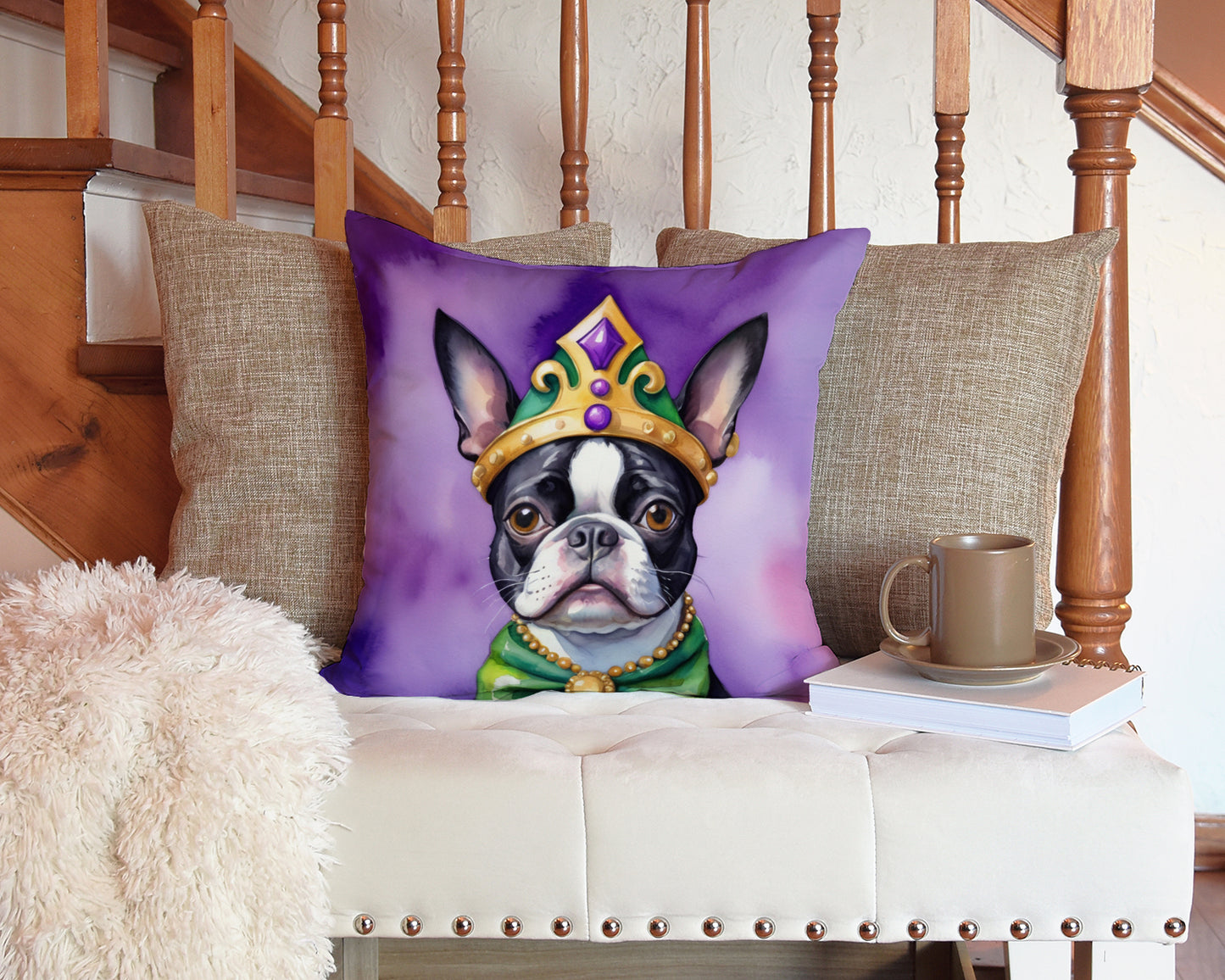 Boston Terrier King of Mardi Gras Throw Pillow