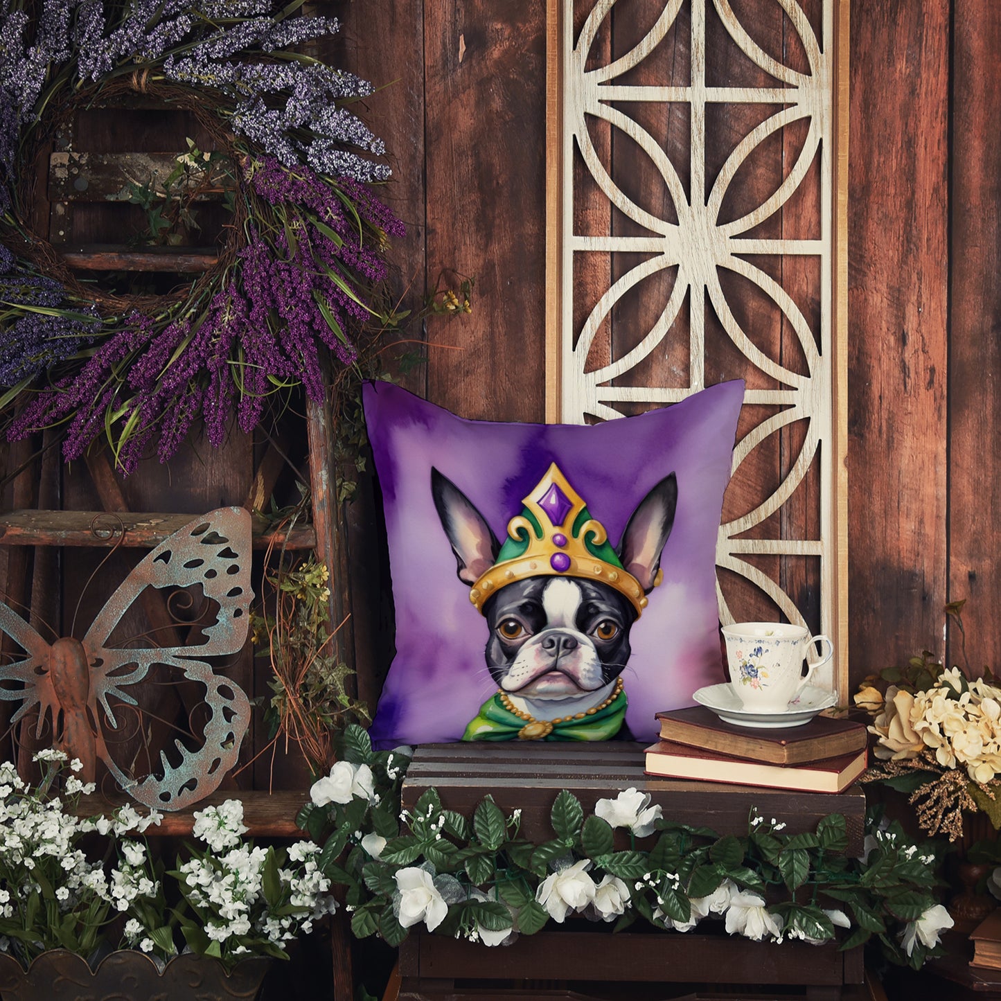 Boston Terrier King of Mardi Gras Throw Pillow