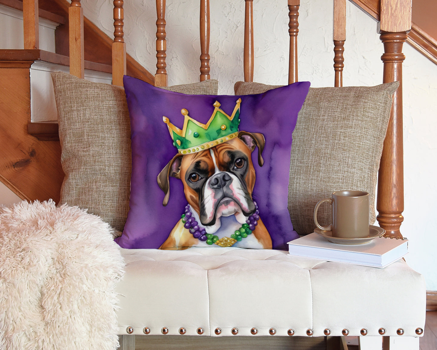 Boxer King of Mardi Gras Throw Pillow