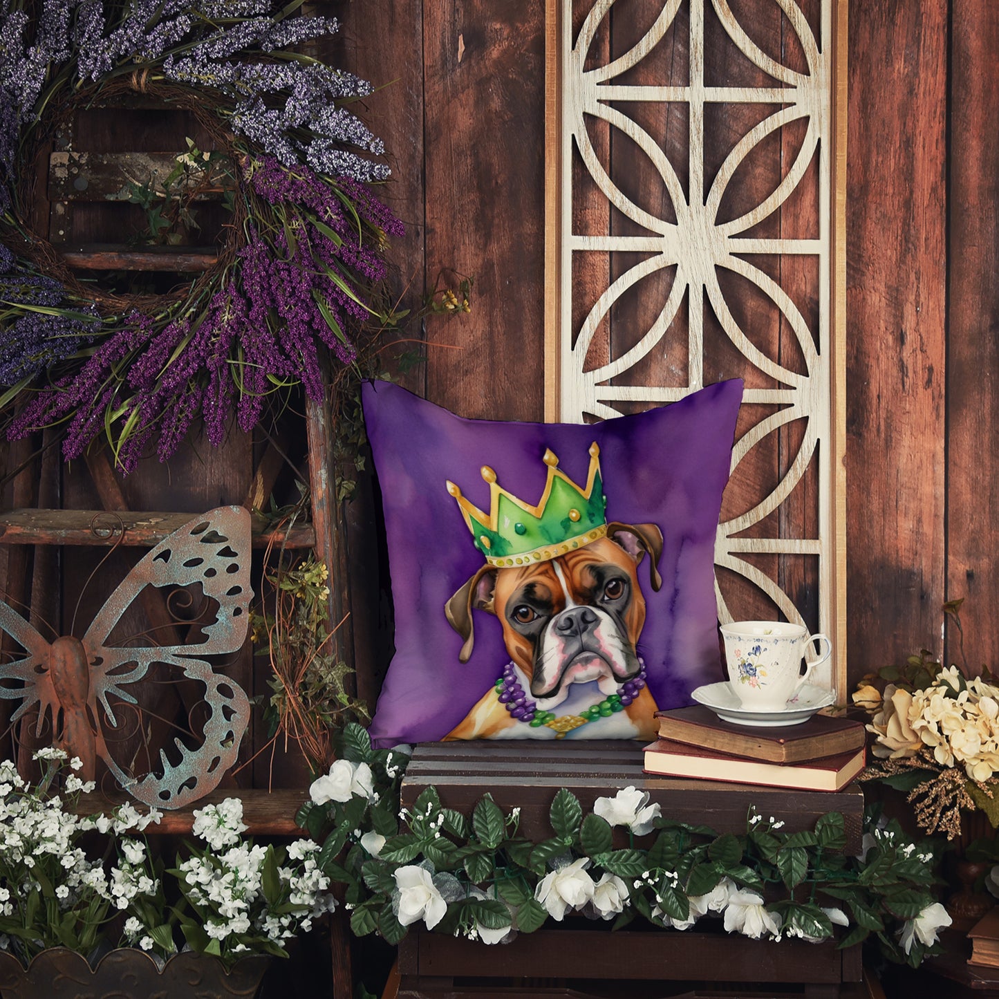 Boxer King of Mardi Gras Throw Pillow