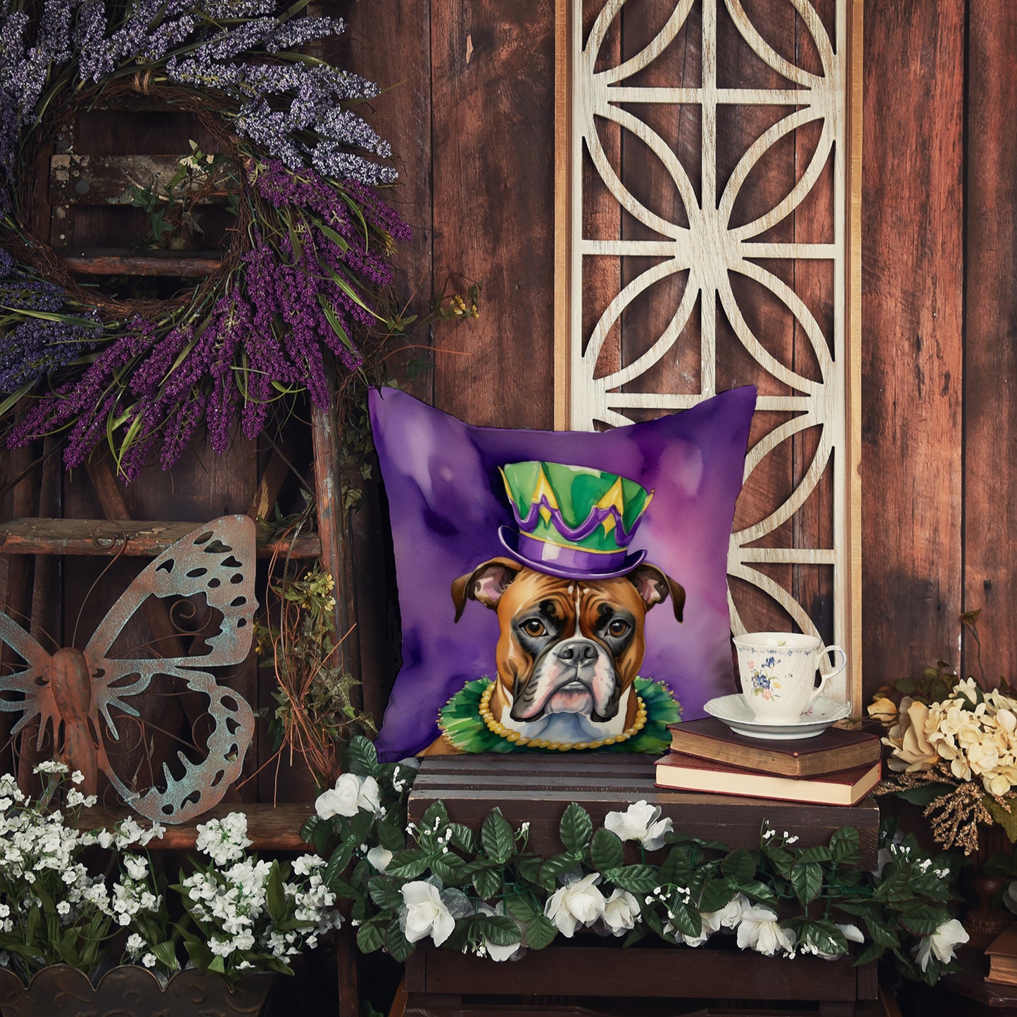 Boxer King of Mardi Gras Throw Pillow