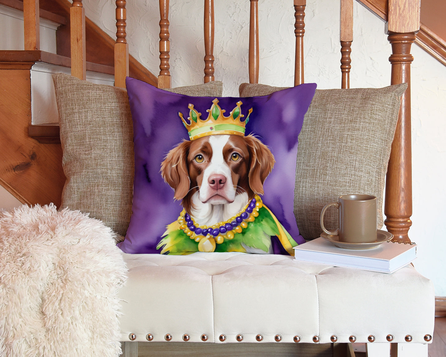 Brittany Spaniel King of Mardi Gras Throw Pillow