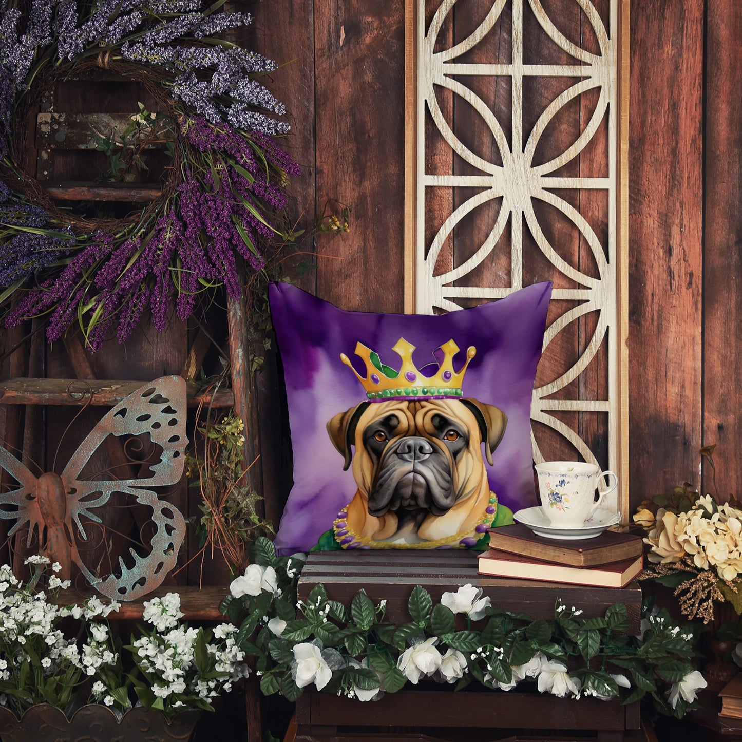 Bullmastiff King of Mardi Gras Throw Pillow