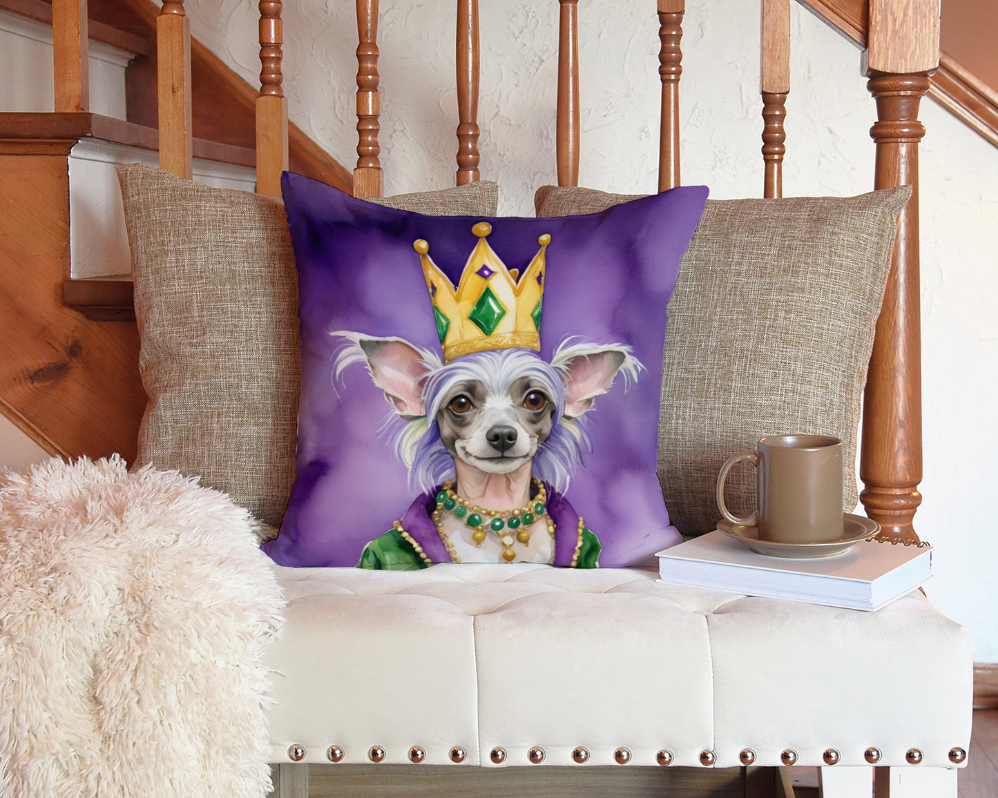 Chinese Crested King of Mardi Gras Throw Pillow