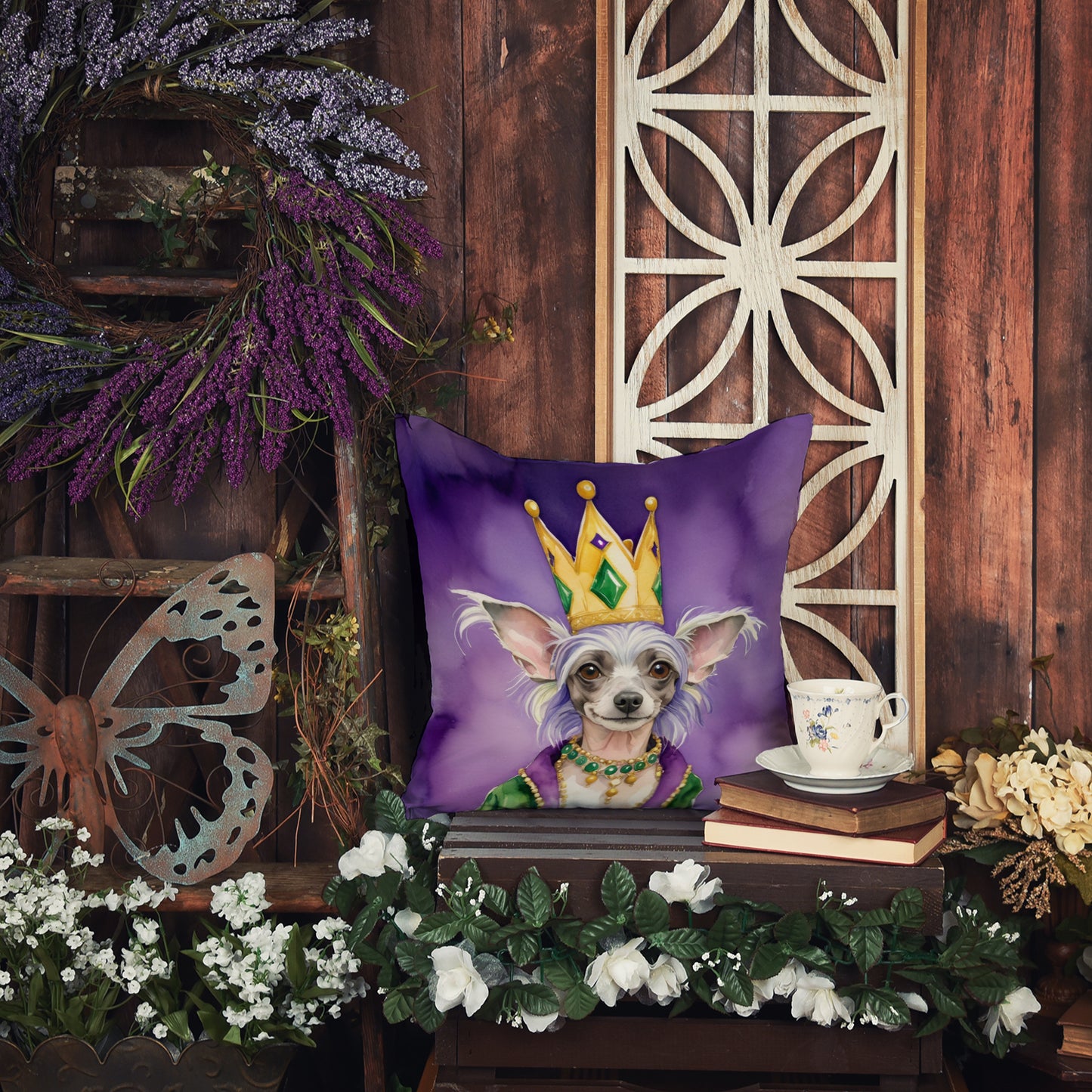 Chinese Crested King of Mardi Gras Throw Pillow