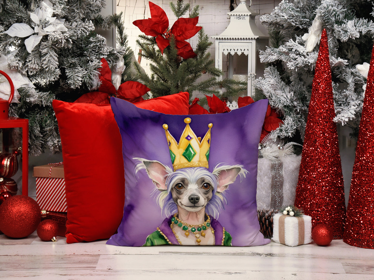 Chinese Crested King of Mardi Gras Throw Pillow