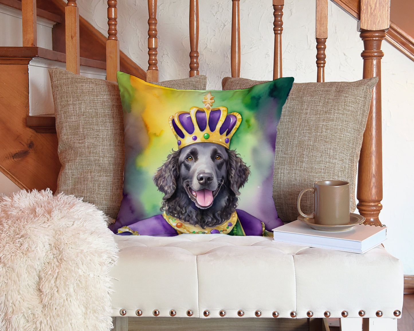 Curly-Coated Retriever King of Mardi Gras Throw Pillow