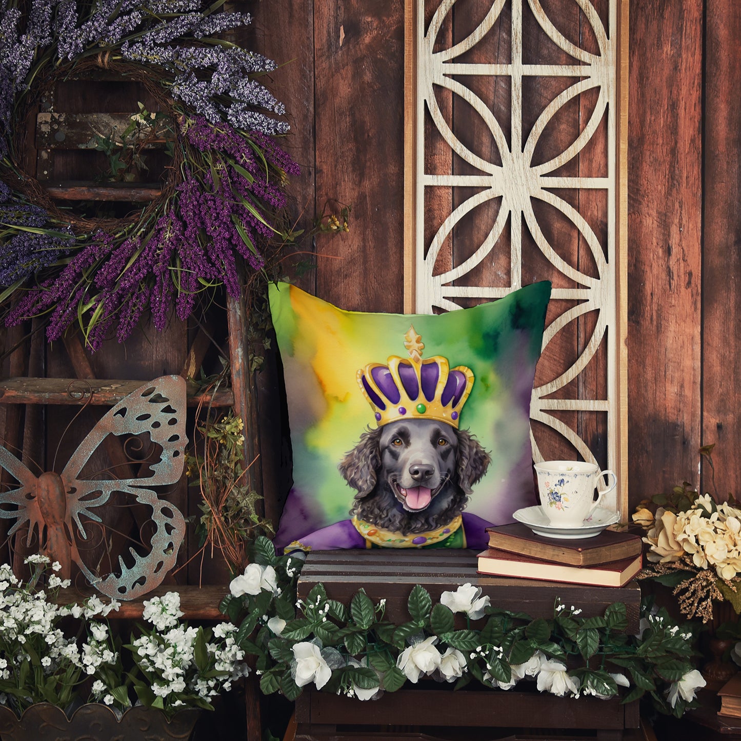 Curly-Coated Retriever King of Mardi Gras Throw Pillow
