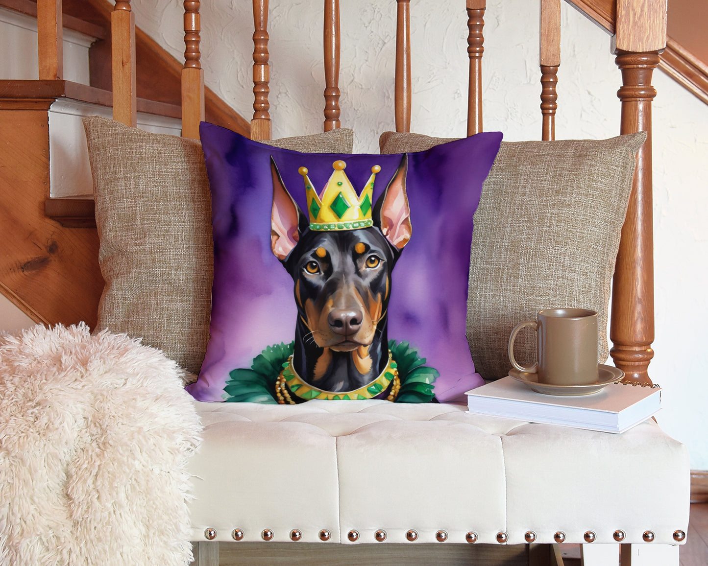 Doberman Pinscher King of Mardi Gras Throw Pillow