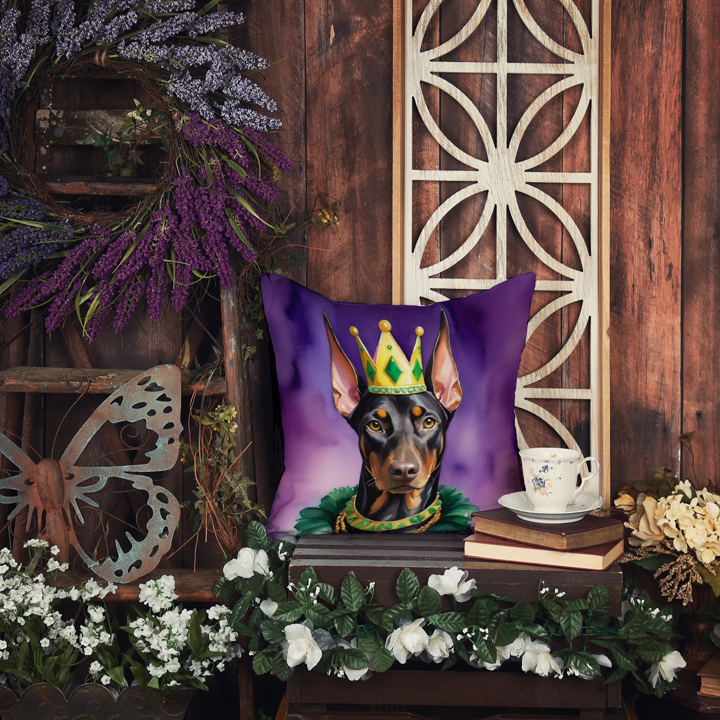 Doberman Pinscher King of Mardi Gras Throw Pillow