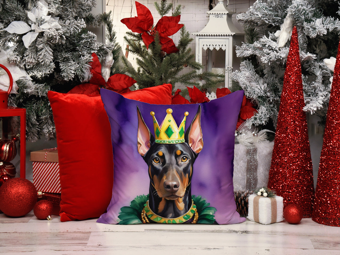 Doberman Pinscher King of Mardi Gras Throw Pillow