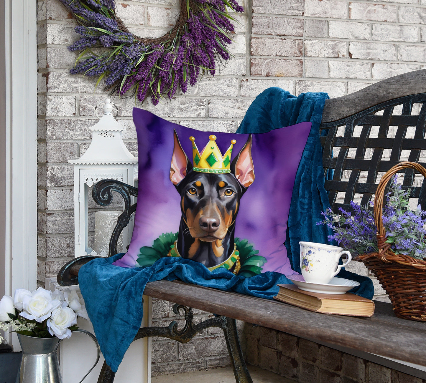 Doberman Pinscher King of Mardi Gras Throw Pillow