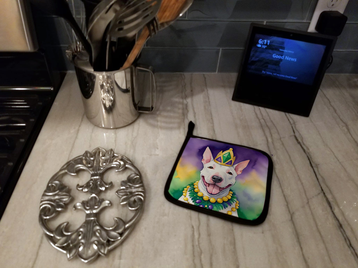 English Bull Terrier King of Mardi Gras Pair of Pot Holders