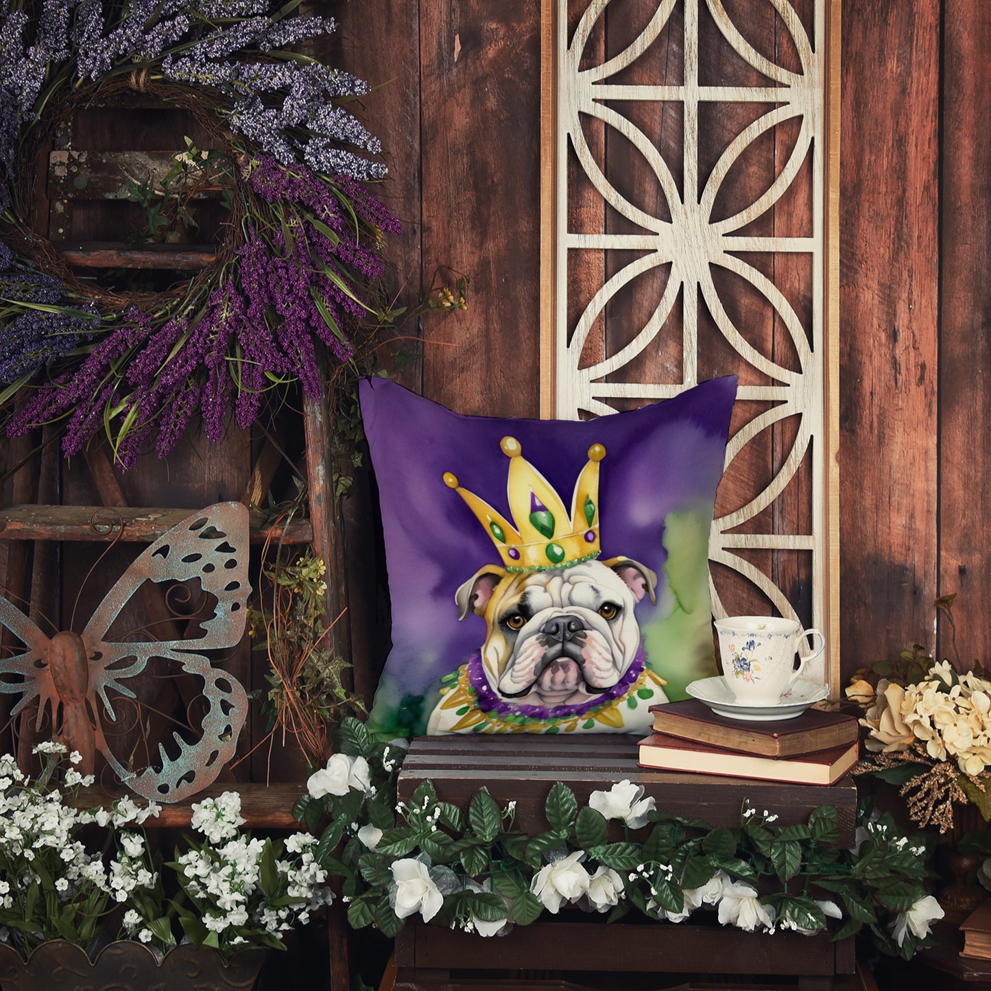 English Bulldog King of Mardi Gras Throw Pillow