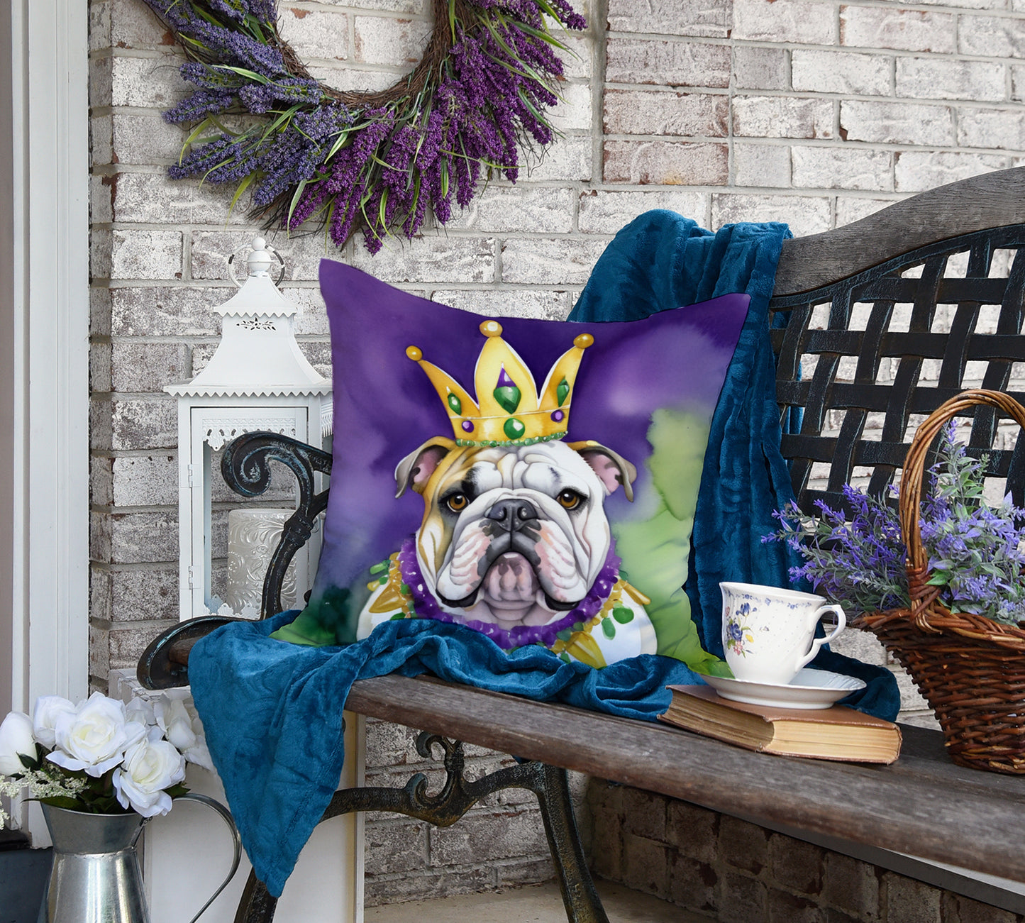 English Bulldog King of Mardi Gras Throw Pillow