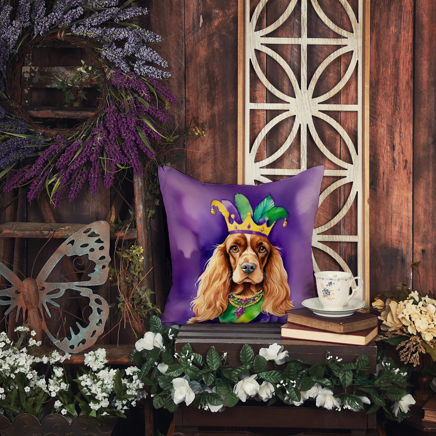 English Cocker Spaniel King of Mardi Gras Throw Pillow