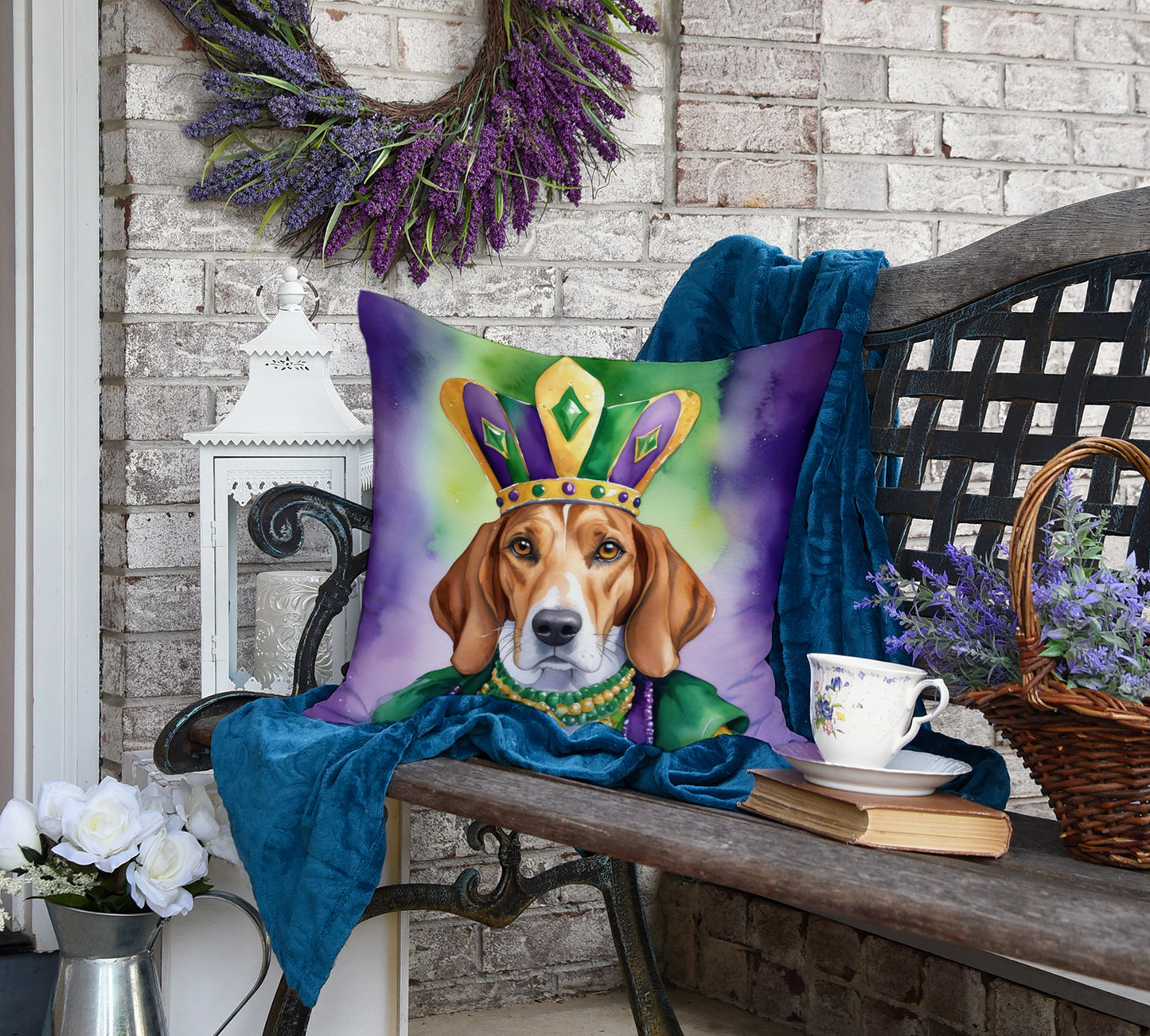 English Foxhound King of Mardi Gras Throw Pillow